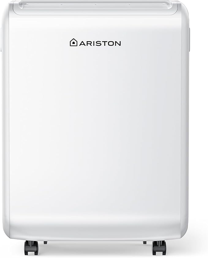 Ariston, Deos 12 - Deshumidificador Silencioso Bajo Consumo con Ruedas y Temporizador, 12L/día, Deshumidificadores de Humedad 35m², 22.5x35x47cm - Dehumidifier Fabricado para Instalación en España