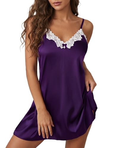 Image of Girece Sexy Night Gowns for Woman Silk Nightgown Lace Trim Sleep Dress Babydoll Lingerie Satin Nighty Negligee