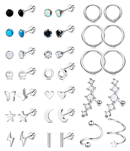 JeweBella 19 Paires Petite Boucles d'Oreilles Acier Chirurgical Femme Hypoallergénique Piercing Oreille Boucles d'Oreilles Cartilage Perle Turquoise CZ Clou d'Oreille Plat Ensemble Piercing Bijoux