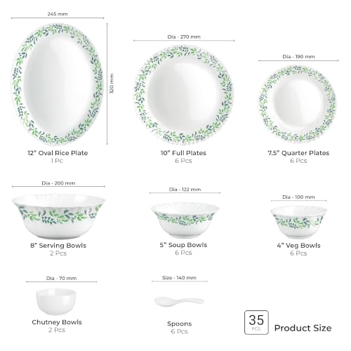 Image of Treo by Milton Opalware Aurelia Verdinia Dinner Set of 35 | Serving for 6 | Microwave & Dishwasher Safe | Bone-Ash Free | Tempered Toughness | Plates, Bowls, Spoons | Crockery Set for Dining & Gifting
