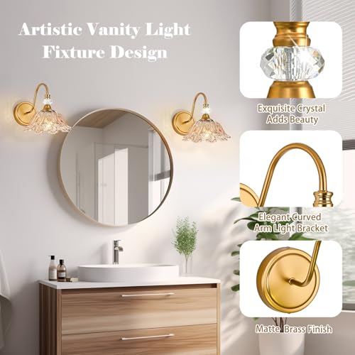 Image of 1 Piece Vintage Wall Sconce with Floral Amber Glass Shade, Matte Brass Finish Wall Sconce for Bathroom,Vintage Bathroom Vanity Light Fixture
