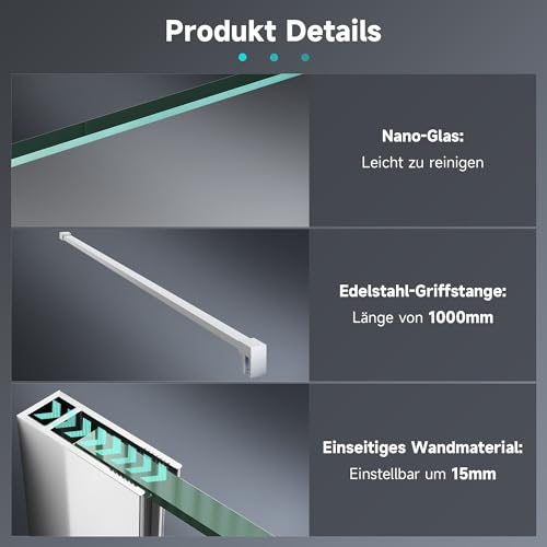 SONNI Duschwand Glas 120 x 200 cm Walk In Dusche 8 mm NANO Glas Duschtrennwand Badewanne Duschwand