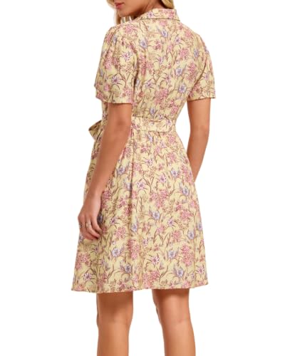 Image of Women Long Sleeve Spring Button Down A-Line Floral Print Summer Cocktail Shirt Dresses with Belt