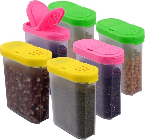 Kinmsito 6 Stück Vorratsdosen Set, 250ml Gewürzboxen Aufbewahrung, Schüttdosen Transparent mit Deckel, Kunststoff Gewürzdosen für Küche Gewürze, Zucker, Salz, Pfeffer (Gelb, Rosa, Grün)