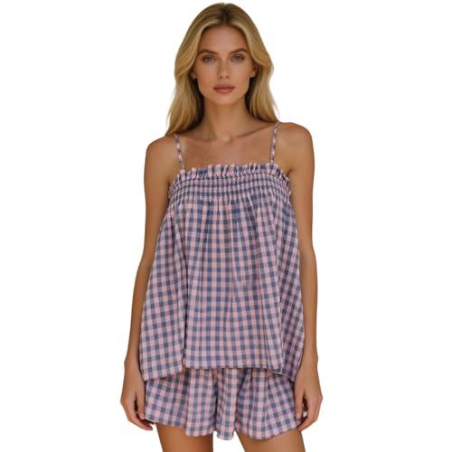 SOLILOQUY Womens Gingham Set Babydoll Cami Tank Top Flowy Shorts Sets 2 Piece Plaid Lounge Outfits (Purple S)