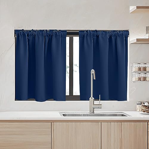 Image of RYB HOME Small Window Curtains - Blackout Insualting Privacy Curtains for Kids Bedroom Kitchen Bathroom Basement Cafe Cabinet Tiers Drapes, 34 Width x 24 Length, 2 Panels, Navy Blue
