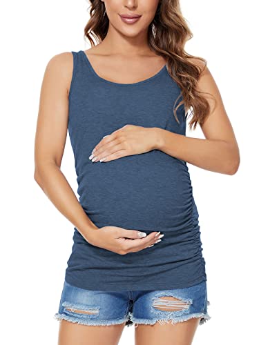 Ecavus Women's Maternity Tank Top Basic Scoop Neck Sleeveless Pregnancy T-Shirt Side Ruched Vest #TOP1