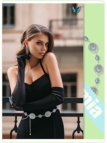 Epakh Concho Chain Belt for Women Western Silver Oval Turquoise Adjustable Metal Waist Belts Dress Jeans Country Concert(Classic Style,2 Pieces)2