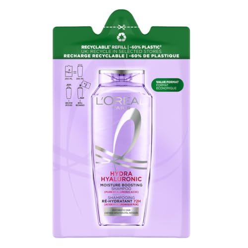 L'Oréal Elvive Shampoo Idratante, Per Capelli Secchi e Spenti, Capelli Luminosi, Voluminosi e Leggeri, 72H di Idratazione, Con Acido Ialuronico Puro, Formato Eco-Ricarica, Hydra Hyaluronic, 250 ml