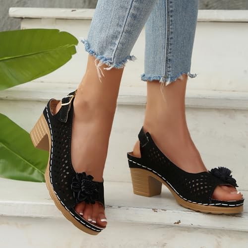 Buckled Square Heel Sandals for Women Dressy, Summer Womens Low Slingback Peep Toe Chunky Heeled Dress Wedge Shoes Comfy3