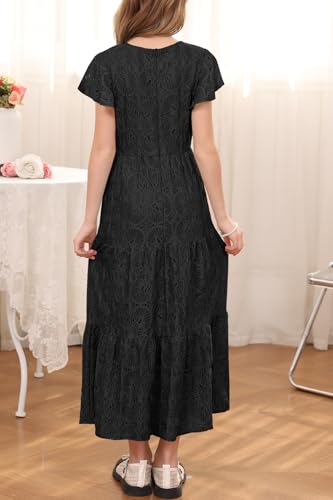 HOSIKA Girls Summer Maxi Dress Lace A-Line Party Holiday Formal Dresses with Pockets for 8-9Years Black — view 3