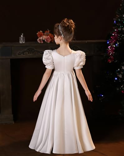 Satin First Communion Dress Flower Girl Dresses for Wedding Pearls Princess Pageant Dress with Bow-Knot4
