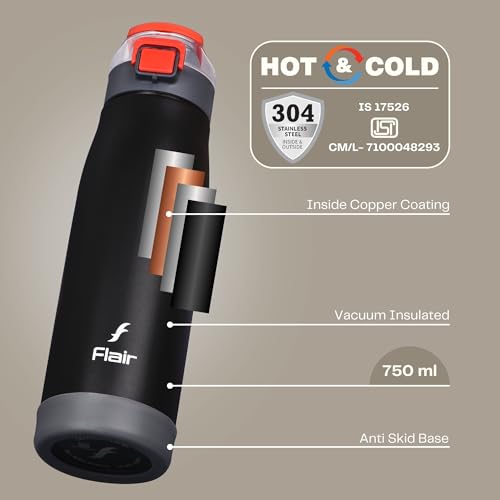 Image of FLAIR Sprint 750ml Vacuum Insulated Water Bottle - 304 Stainless Steel, Double Wall Thermos Flask, Leak-Proof, BPA-Free (Black)