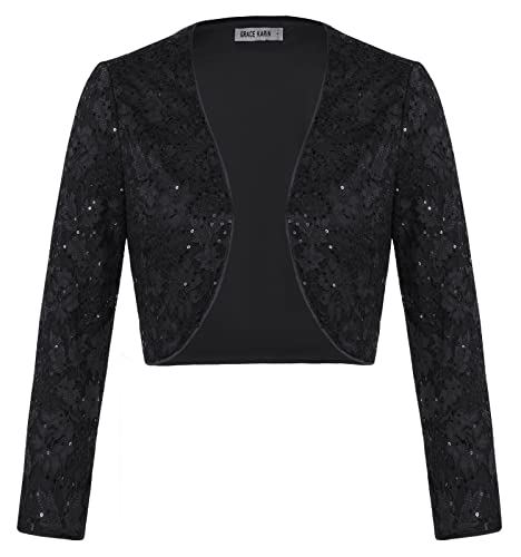 GRACE KARIN Damer glittrande paljetter bolero 3/4 ärm spets beskuren kofta Shrug, svart, M