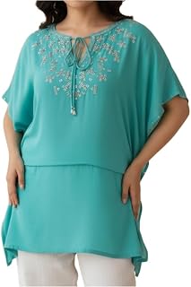 HAPPENING Women Soft Cotton Kaftaan Top with Golden Sequence - Length 31 inches - Blue Color - Bust Size (S) 36 to (XL) 42... Price In India
