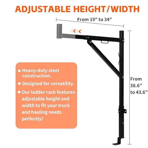 Image of MAXXHAUL Heavy Duty Truck Ladder Rack - Side Mount Alloy Steel, Adjustable 19-34 Inch Arms, 250 lb Capacity, Powder Coat Finish (70233)