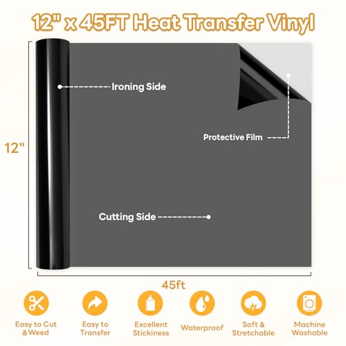 Image of HTVRONT Black Heat Transfer Vinyl - 12 inch x 45FT Black HTV Vinyl Roll for T Shirts, Iron on Vinyl Compatible with Cricut Cutting Machine & Silhouette Cameo - Easy to Cut & Weed