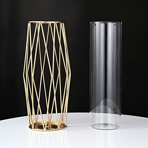 Vase Für Pampasgras, Geometrischem Metallgestellständer Hochbodenvase Glasgoldvase Knospenblumentopf Für Skandinavische Dekoration Für Schreibtischbürohochzeitsmittelstück Cover