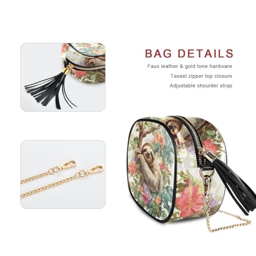 ALAZA Women's Sloth Branch Tropical Plants PU Leather Crossbody Bag Shoulder Purse with Tassel2