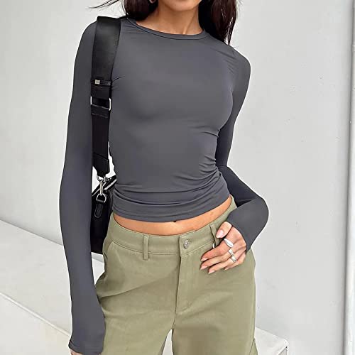Blusa cropped feminina de manga comprida lisa casual sexy vazada com cordão umbilical de manga compr