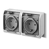 ELEKTRO-PLAST HERMES Aufputz 2-Fach Zweifach Steckdose IP44 Wassergeschützt Außenbereich Hellgrau Rauchglas