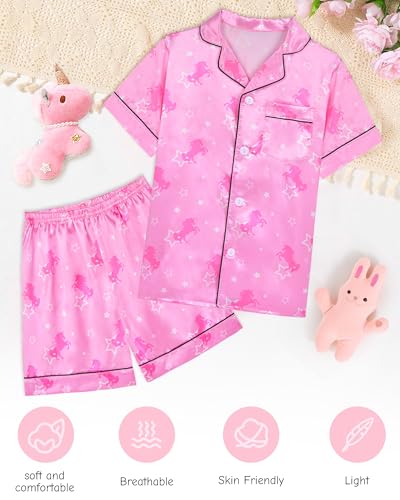 Kids Girls Pajama Set Silky PJS Button-Down Sleepwear Nightwear Loungewear Clothes Set Gifts4