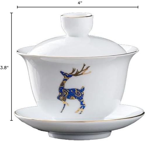 Miniatura 3 de Porcelana Gaiwan - Taza de té de 8 onzas, sopera esmaltada blanca china Sancai cubierta tazón taza de labios platillo (ciervo azul)