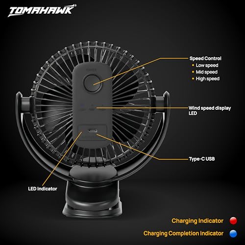 Image of Tomahawk DCF-3465 Rechargeable Cordless Clip-On Fan | 5000mAh USB Battery Fan | 720 Adjustable Rotation | 3 Speed Silent Brushless Motor | Desk & Clamp Fan for Home, Office & Travel (Black)