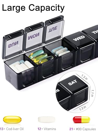Image of BUG HULL Weekly Pill Organizer Large 2 Packs, Extra Large Travel Pill Organizers, Pill Box 7 Day, Travel Pill Case, Medicine Pill Organizer for Vitamins, Supplements and Medications (Black+White)