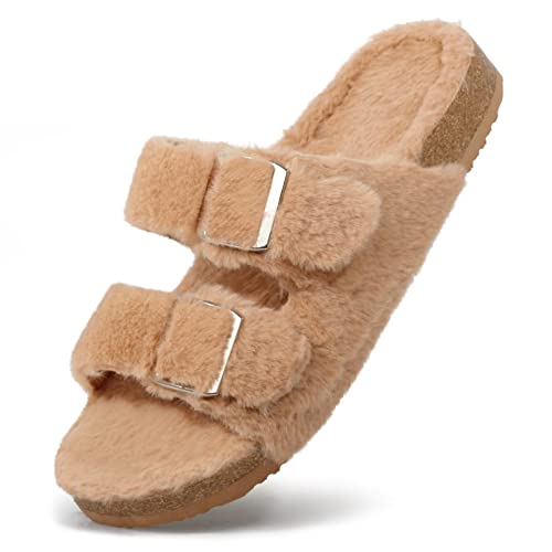 Harvest Land Slippers voor dames, pluche, imitatiebont, kurk-voetbed, twee verstelbare gespen, open teen, flats, indoor, outdoor slippers, modieus, bruin, 42 EU