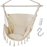 Hammock Chair Hanging Rope Swing,2 Cushions Included,Max 500 Lbs,Sturdy & Safe Steel Spreader Bar with Anti-Slip Ring,Large Hanging Chair with Pocket for Indoor/Outdoor, Bedroom, Porch, Patio
