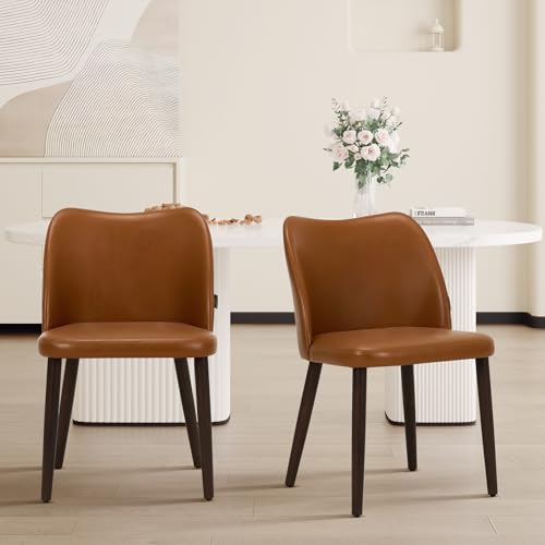 Image of Wooden Dining Chairs Set of 2, Upholstered Kitchen Dining Room Chair, Modern Faux Leather Farmhouse Dinner Chair for Restaurant & Cafe, Light Brown