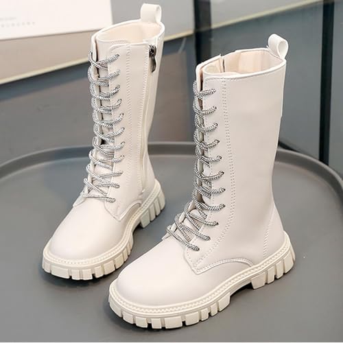 Girls Solid Lace Up Boots Leather Mid Calf Combat Riding Boots Side Zipper Punk Goth Lug Sole Booties2