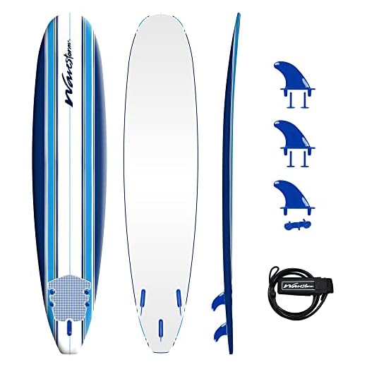 Wave Storm - Classic Soft Top Foam 9ft Surfboard for Beginners and All Surfing Levels Complete Set Includes Leash and Multiple Fins Heat Laminated, Blue Pinline