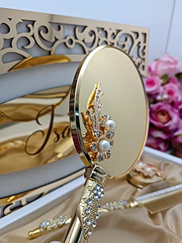 Makeup Vanity Mirror Comb Hair Brush Set | Vintage Antique Mirror Comb Brush | Antique Vanity Makeup Mirror Gold Vanity Mirror Hair Brush Set | Hand Beauty Mirror | Comb And Mirror Set (Gold) #TOP2