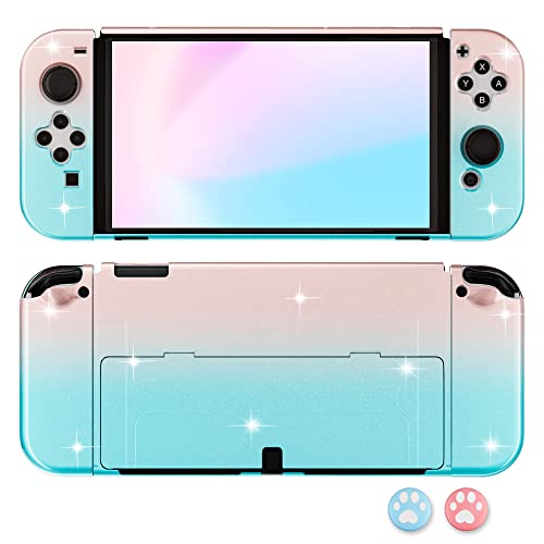 Rhotall Glitter Gradient Color Shell Compatible With Nintendo Switch Oled, Hard Protective Cover Case For Switch Oled And Joycon Controller With 2 Glitter Cat Paw Thumb Cap - Pink And Blue #TOP5