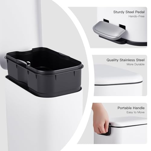 Image of GarveeHome 1.3 Gal Slim Trash Can, Step Garbage Can with Soft-Close Lid, Stainless Steel Recycling Bin Waste Container with Removable Inner Bucket for Kitchen, Bathroom, Office, White