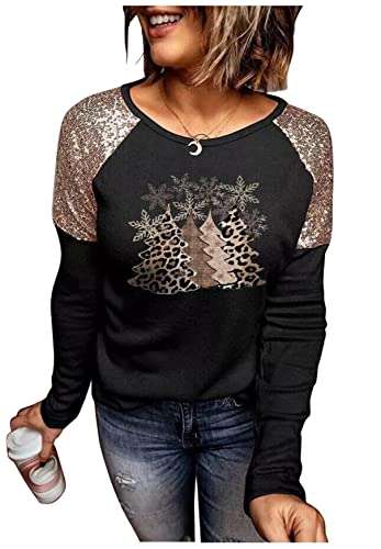 Image of Women Leopard Christmas Trees Snowflake Sequined Splicing Blouse T Shirts Xmas Graphics Print Casual Long Sleeve Tees