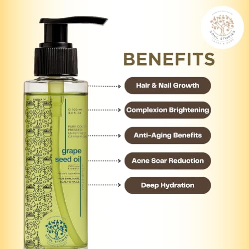 Image of Soul Stories Grape Seed Oil 100ml | 100% Pure Lightweight Oil for Hair, Face & Body | Fast Absorbing Formula | Helps Improve Complexion, Smooth Texture & Even Tone | Rich in Vitamin A & E
