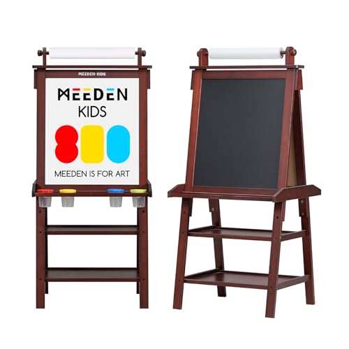 MEEDEN Kids Easel, Art Easel, Easel for Kids, Paper Roll for Kids Easel, Easel for Painting, Double-Sided Solid Pine Wood Kids Art Supplies - Walnut