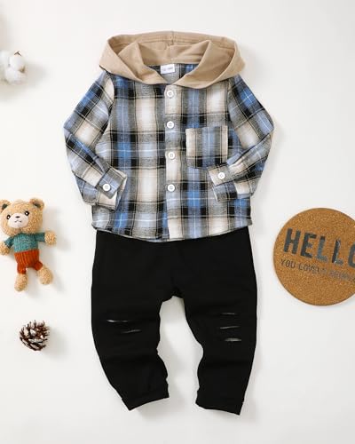 Image of Renotemy Toddler Baby Boy Clothes Winter Hoodie Flannel Boys Outfits 12M-4T | Toddler Boys Outfits,Fall Winter Long Sleeve Hoodie Sweatshirt Clothes Set,Infant Boys Flannel Plaid Top Ripped Pants Set