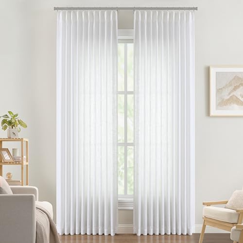 Image of Vision Home White Pinch Pleated Semi Sheer Curtains Textured Light Filtering Window Curtains 120 inch for Living Room Bedroom Patio Rayon Blended Pinch Pleat Drapes with Hooks 1 Panel 10ft 60 inchWx120 inchL