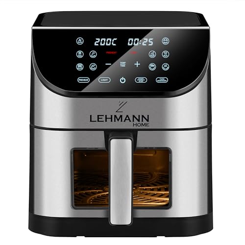 LEHMANN Heteluchtfriteuse met mand van 8 liter, 1800 W, met 12 programma's, kijkvenster, verlichting, max. 200 °C, timer, touch-display, anti-aanbaklaag, wasbaar in