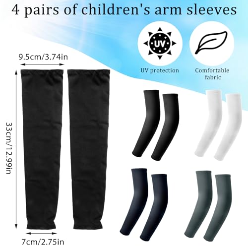4 Pairs Kids Arm Sleeves, UV Sun Protection Cooling Compression Sleeves for Youth Boys Girls Sports, Breathable Elastic Ice Sleeve for Outdoor Activities (Black White Grey Navy)2