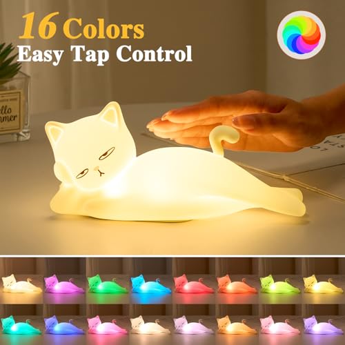 Lying Cat Lamp Funny Gifts, 16 Colors+5 Dimming+Silicone Random Stuff, Touch+Remote+Recharge Night Light, Unique Cool Lamp,Cute Weird Stuff, Squishy Cat White Elephant Gifts for Women/Men/Teens/Kids - Image 3