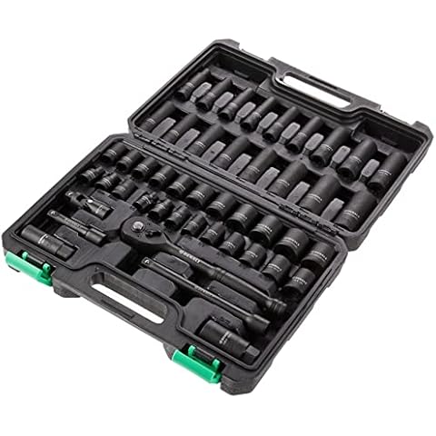 Amazon Brand - Denali 46-Piece 3/8-Inch Drive Shallow and Deep Socket Set and 72-Teeth Reversible Ratchet, SAE/Metric Size, with Carrying Case Cover