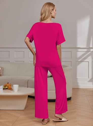 Image of Ekouaer Pajama Sets for Women 2 Piece Lounge Set Short Sleeve Tops and Long Pants Soft Comfy Pjs Sleepwear Outfits S-XXL