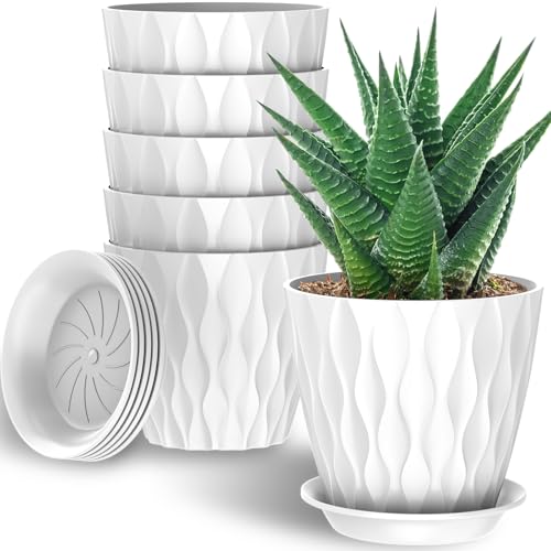 6 Pack 7 Inch Indoor Plant Pots with Drainage Holes, Outdoor Plastic Decorative Flower Pots, Garden Planters with Tray Saucers for Orchids, Violets, Succulents, Herbs, and Other Plants