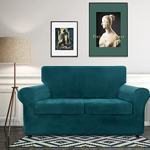 Chelzen Velvet Plush 3 Pieces Couch Covers For 2 Cushion Couch Super Stretch Anti Slip Spandex Sofa Loveseat Slipcover Living Room Dogs Pets Love Seat Furniture Protector (Loveseat, Blackish Green) #TOP1