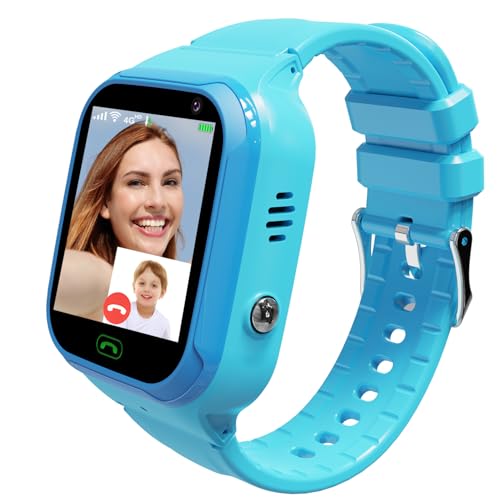 JKCKO 4G Kids Smart Watch GPS Tracker, Boys Girls Kids Smartwatches Phone Watch Video Call SOS Emergency Alarm Voice Chat Game and Touch Screen Tracking Smartwatch for Age 4-12 (Blue)